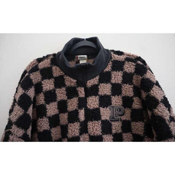 PINK x Victoria's Secret WMNs Sz XL Brown Checkered Cozy Fleece 1/2 Zip Pullover - Picture 3 of 10